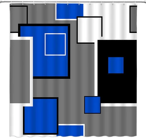 Cortina de ducha moderna geométrica azul gris negro abstracto geométrico de mediados de siglo, moderno juego de decoración de baño con ganchos, (47
