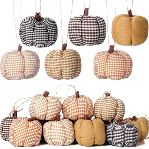Miniatura 7 de Hiboom 12 adornos de calabaza de fieltro de otoño para decoración 3D de Acción de Gracias, 6 estilos, tela a cuadros, bellota, adorno colgante