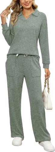 Miniatura 2 de WIHOLL Conjunto de 2 piezas para mujer, ropa de descanso, pantalones de pierna ancha, cuello en V, conjunto de pijama