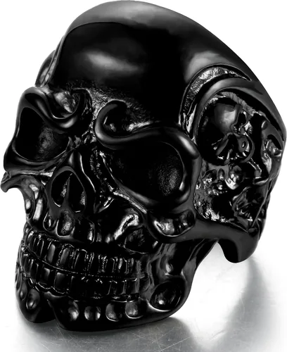 FIBO STEEL Anillos de acero inoxidable de cráneo de cabeza, color negro, para hombres y mujeres, tamaños 8-14
