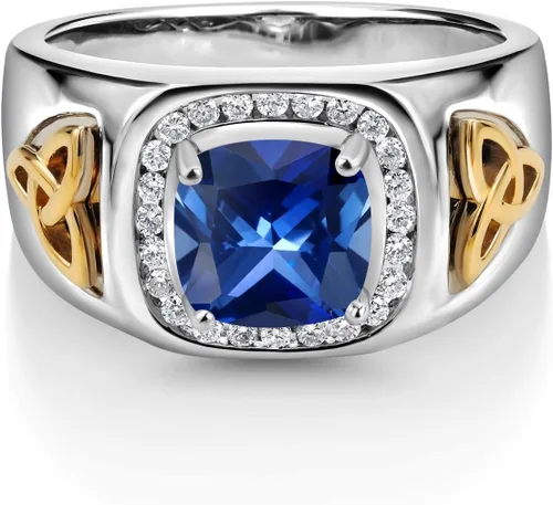 Miniatura 3 de Gem Stone King Men's Customized and Personalized 8MM Cushion Cut Gemstone Birthstone and White Lab Grown Diamond Ring for Men 925 Sterling Silver