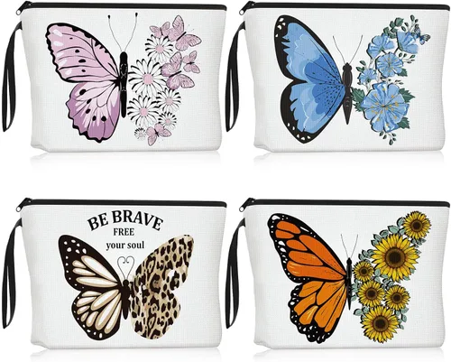 4 bolsas de maquillaje de mariposa para mujer, de lona, cosméticos, flores de mariposa, regalos para niñas, bolso de lona de cumpleaños, bolsas de