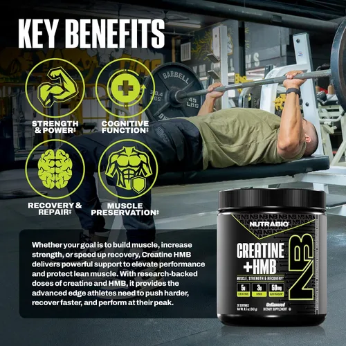 Miniatura 3 de NutraBio Creatina + HMB - Monohidrato de creatina con polvo de HMB para el crecimiento muscular, mayor fuerza - 30 porciones (sin sabor)
