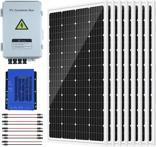 Sistema solar de 960 vatios y 12 voltios fuera de la red: 8 paneles solares de vidrio monocristalino de 120 W + caja combinadora de 4 cuerdas +