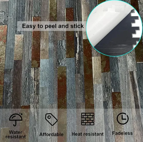 Miniatura 5 de 10 hojas de azulejos de metal de PVC para salpicaduras de pelar y pegar, adhesivo de pared de grano de madera autoadhesivo, fácil de pegar