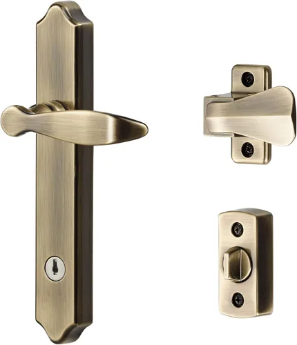 Ideal Security 1216 Manija de puerta Storm de montaje en superficie con cerradura y llave para puertas de 1 a 1 ½ pulgadas de grosor (latón antiguo,