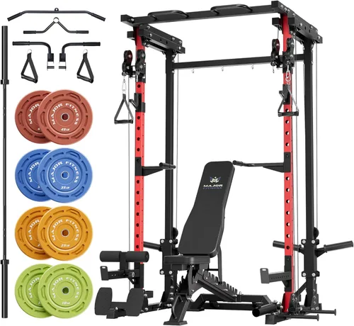 Miniatura 12 de MAJOR FITNESS Drone3 Power Rack, banco de sentadillas para gimnasio en casa de 2500lbs multifunción con sistema de polea doble, barra de tracción