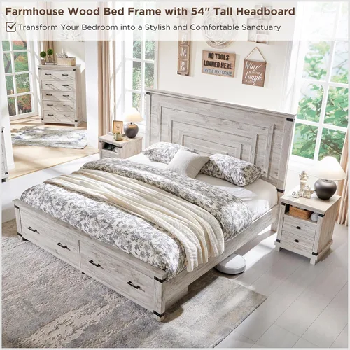 Miniatura 6 de RedLemon - Marco de cama de estilo granja Queen con cabecera geométrica de 137 cm de altura, cama de plataforma de madera rústica con 2 cajones