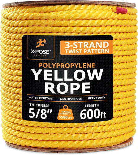 Miniatura 79 de Cuerda de polipropileno trenzado amarilla, 1/2 pulgada de grosor x 50 pies de largo, cuerdas de polietileno resistentes para uso en exteriores
