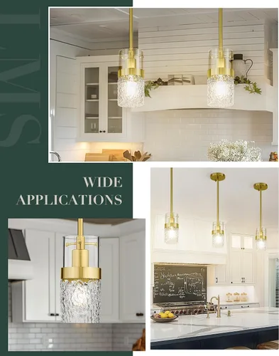 Miniatura 6 de LMS Paquete de 2 Luces Colgantes Modernas, Luz Colgante Dorada Cepillada para Isla de Cocina con Vidrio Martillado, Lámparas Colgantes Ajustables