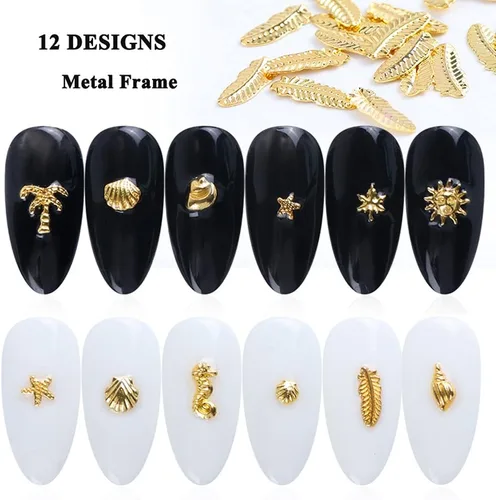 Miniatura 6 de Calcomanías de metal 3D para uñas, 12 formas, purpurina holográfica y lentejuelas, kit de suministros de arte dorado, caballito de mar, hojas