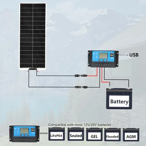 Miniatura 6 de XINPUGUANG Panel solar flexible de 100 W, kit de sistema de 12 V, cables de controlador de carga de 10 A con clip de cocodrilo, cables de conector