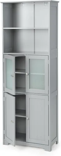 Miniatura 9 de COSTWAY Armario alto de almacenamiento para baño, armario de despensa de cocina independiente con puertas de vidrio y estante ajustable, gabinete