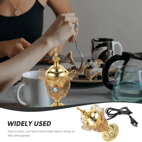 Miniatura 8 de Quemador de incienso eléctrico de metal, estilo de Oriente Medio, incensario eléctrico de mesa para hogar, oficina, yoga, spa, decoración de Dorado