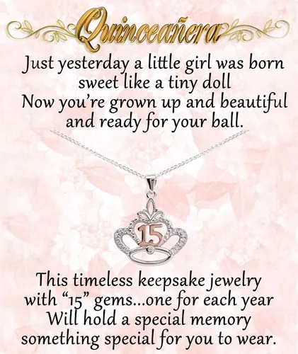 Miniatura 2 de Collar o aretes de plata de ley para regalo de quinceañera, regalo dulce para niñas de 15 años con 15 circonita cúbica brillante, Circonita cúbica