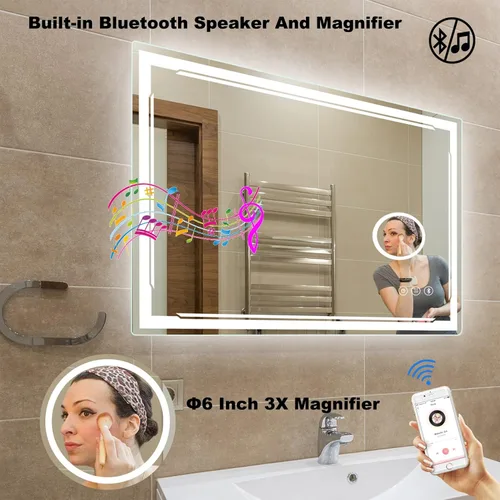 Miniatura 2 de Espejo de baño LED de 30 x 48 pulgadas con luces, altavoz Bluetooth integrado y lupa 3X, retroiluminación regulable antivaho + iluminación frontal