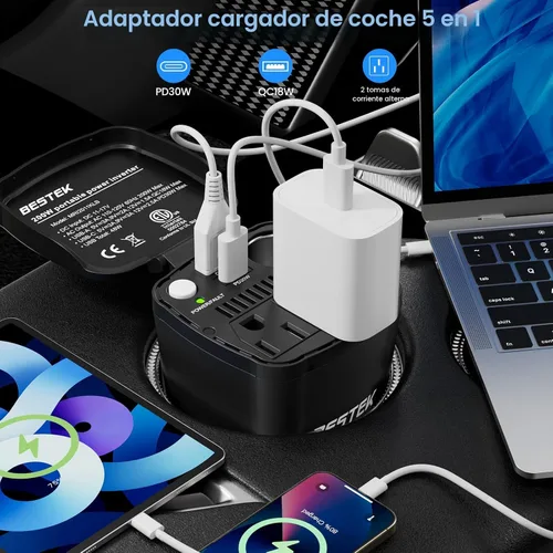 Miniatura 4 de BESTEK Inversor de corriente de 200 W, adaptador de toma de corriente de enchufe de coche de 12 V CC a 110 V CA con [USB-C de 30 W]/cargador rápido