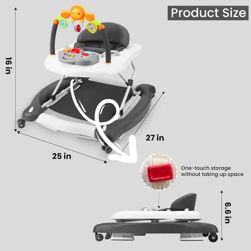 Miniatura 9 de Andador de bebé, 5 en 1 para niños y niñas de 6 a 12 meses con gorila, reposapiés extraíble, bandeja de alimentación y música, caminador de C-gris