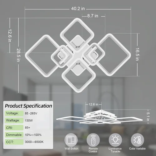 Miniatura 4 de Modernas luces LED de techo para dormitorio, 40.2 pulgadas, regulables, cuadradas, 6+1 anillos, luces de techo para sala de estar con control remoto