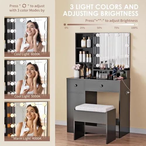 Miniatura 3 de Escritorio de tocador con espejo, luces y tira de corriente, tocador pequeño para espacios pequeños, mesa de maquillaje moderna con 4 cajones