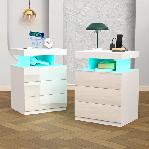 Miniatura 14 de HOMMPA - Mesita de noche LED con estación de carga inalámbrica y puertos USB, mesa de noche moderna, mesita de noche de 3 cajones con compartimento