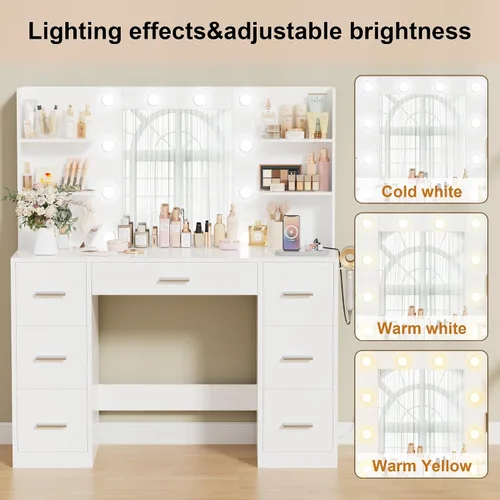 Miniatura 5 de Escritorio de maquillaje con espejo y 10 luces, mesa con 7 cajones y 4 estantes abiertos, 3 modos de color y brillo ajustable, estación de carga