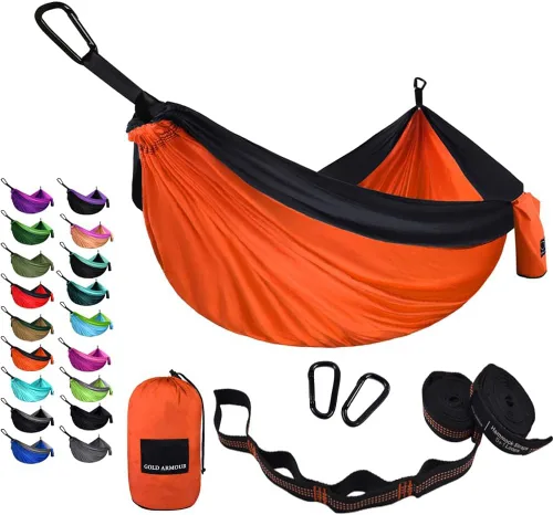 Miniatura 7 de Gold Armour hamaca de campamento, de tela de paracaídas, de marca estadounidense, tamaño único, 2 correas para árbol, 10 trabillas/20 pies Negro &