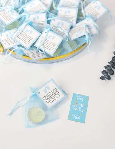 Miniatura 6 de Juego de 50 velas de té para recuerdos de fiesta de baby shower, recuerdos de bautizo para invitados, recuerdos de revelación de género de bebé Azul