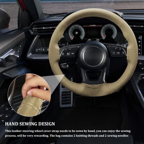 Miniatura 6 de Funda de cuero para volante, con cordones, transpirable, antideslizante, protector para volante de automóvil para un diámetro máximo de 15 pulgadas