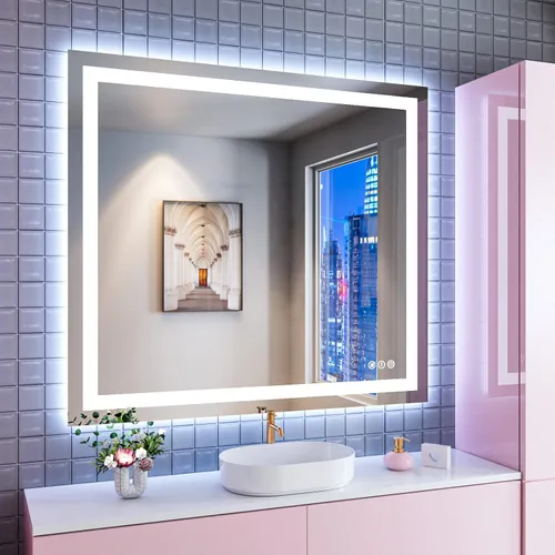 Miniatura 42 de Amorho Espejo de baño LED de 24 x 32 pulgadas con luces, iluminación frontal y retroiluminación, regulable continuamente, antiniebla, vidrio Frente