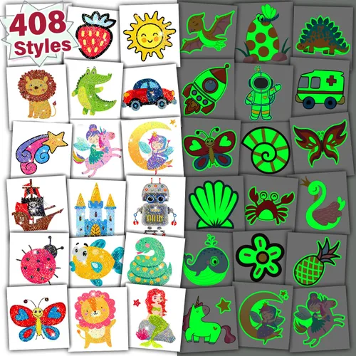 Partywind 408 tatuajes temporales para niños, calcomanías de tatuaje falso con brillo y purpurina para niños y niñas, suministros de fiesta, lindos