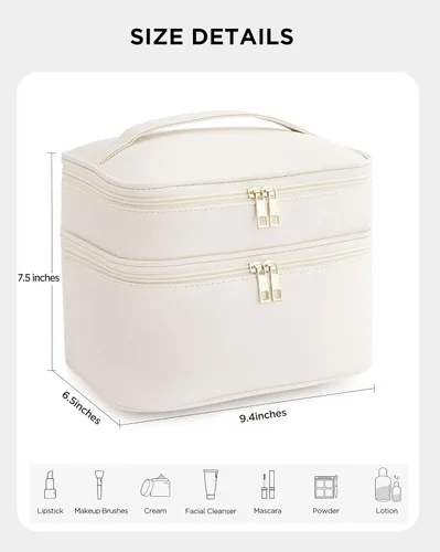 Miniatura 4 de HBlife Bolsa de maquillaje de viaje de doble capa, portátil, bonita bolsa de cosméticos de cuero, bolsa grande de maquillaje, organizador de Beige