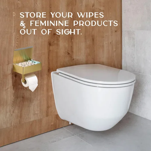 Miniatura 7 de Day Moon™ - Soporte de papel higiénico dorado cepillado con estante, soporte para toallitas para baño, dispensador de toallitas desechables, soporte