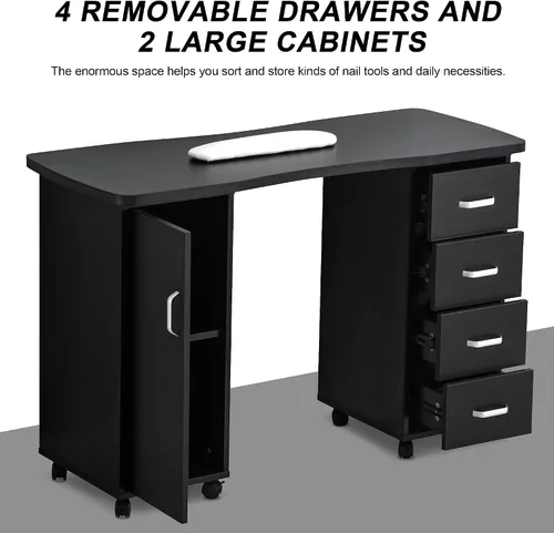 Miniatura 6 de BarberPub Mesa de manicura, escritorio de uñas resistente a la acetona, mesa de uñas con 4 cajones, 2 gabinetes, ruedas bloqueables, almohadilla