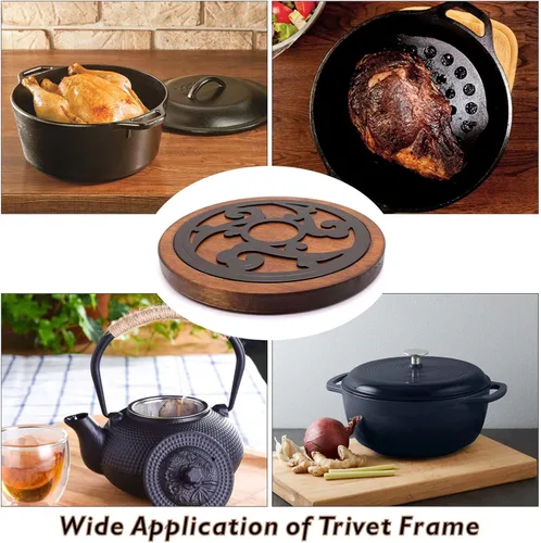 Miniatura 5 de Juego de salvamanteles de hierro fundido con madera de 2 piezas, salvamanteles de madera para platos calientes, almohadillas calientes de cocina