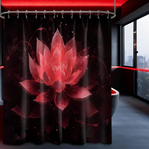 Miniatura 10 de Cortina de ducha con flores de loto negro y azul para decoración de baño, juego de cortinas decorativas de baño con estampado floral, tela