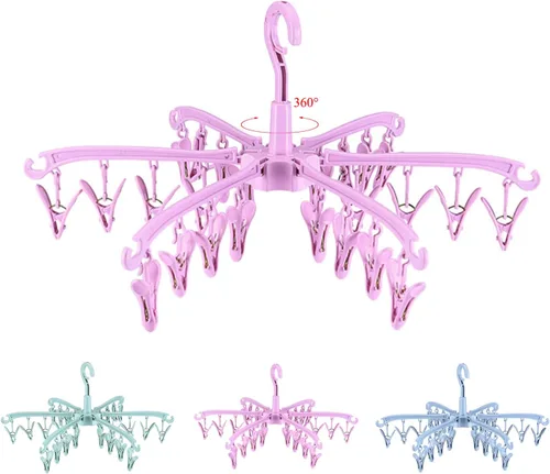 Estante de Secado Plegable con 24 Clips para Secar Calcetines, Lencería, Ropa de Bebé, Toallas, Estante Giratoria para Secar Calcetines Rosa