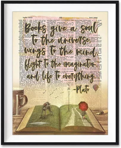 Cartel artístico con cita de Platón, con texto en inglés "Books Give A Soul To the Universe", sin marco, página de diccionario literario vintage,