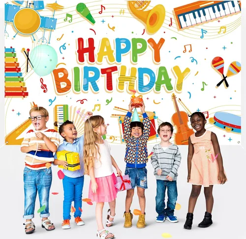 Miniatura 3 de Cartel de notas musicales para niños, decoración de feliz cumpleaños, instrumento musical, fondo de fiesta de rock and roll para niños y niñas