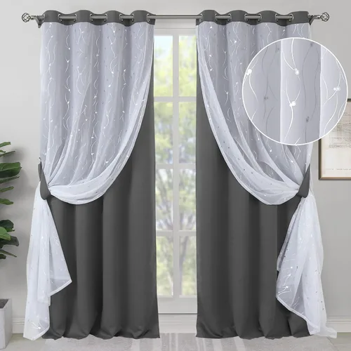 Miniatura 27 de BGment Cortinas de oscurecimiento de habitación con superposición transparente, cortinas de tul estampado plateado de doble capa para sala de estar