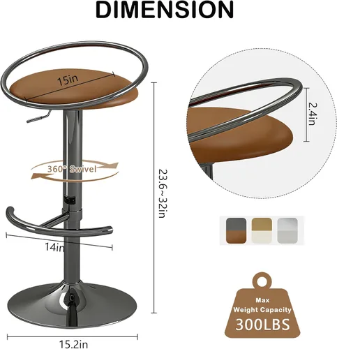 Miniatura 3 de Juego de 2 taburetes de bar, taburetes de bar giratorios ajustables con asiento tapizado, taburetes de mostrador de piel sintética para bar, isla