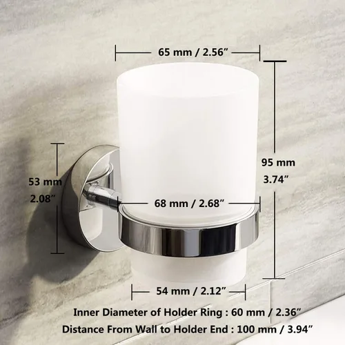 Miniatura 5 de Vaso de vidrio para cepillo de dientes con soporte de acero inoxidable para montaje en pared cromado