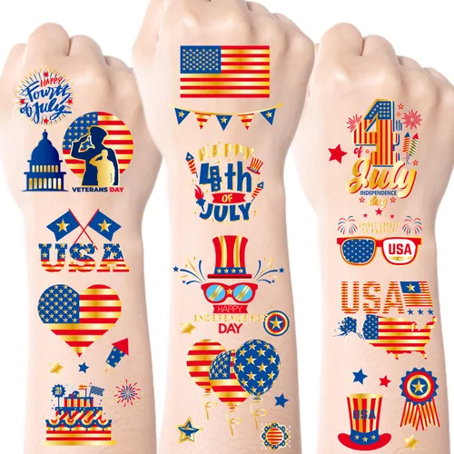 JCFIRE Decoraciones del 4 de julio, 100 piezas de tatuajes temporales para niños y adultos, decoraciones patrióticas, accesorios del 4 de julio,