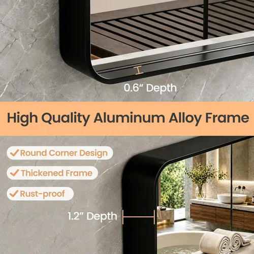 Miniatura 5 de JISOSO - Espejo de baño negro de 20x30 pulgadas con marco de metal negro, espejo de tocador rectangular redondeado con acabado mate para pared