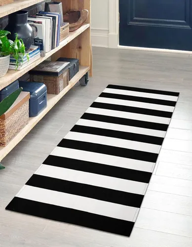 Miniatura 2 de IOHOUZE Alfombra a Rayas Blanco y Negro - 2x4.3 Tapetes para Puerta Delantera Exterior, Alfombra Lavable para Decoración de Porche Delantero, negro