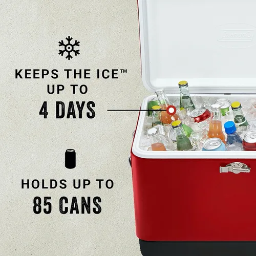 Miniatura 6 de Coleman Vintage 54qt Steel Belted Cooler, Keeps Ice Up to 4 Days, 85-Can Capacity Hard Cooler with Drain & Have-A-Seat Lid Rojo