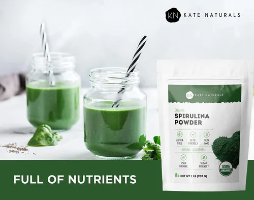 Miniatura 3 de Kate Naturals Polvo de espirulina orgánica. Superalimento denso en nutrientes para batidos y jugos (2 libras, certificado USDA, sin OMG, sin gluten)