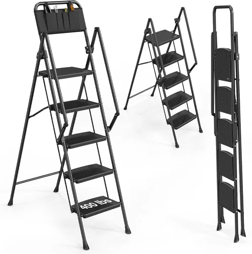 LUISLADDERS Escalera de 5 escalones con barandillas, taburete plegable con pedal antideslizante ampliado, escalera ligera de 5 escalones plegable