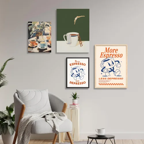 Miniatura 8 de Cyebmo Arte de Pared Retro Enmarcado de Café, Decoración de Pared de Taza de Café y Planta, Pintura en Lienzo de Acuarela de Café, Póster