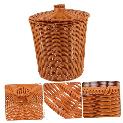 Miniatura 6 de YARNOW Cubo de basura de ratán con tapa de 9.2 x 9.2 x 11 pulgadas, cesta de plástico tejida para organización del hogar, cocina, baño, sala de estar